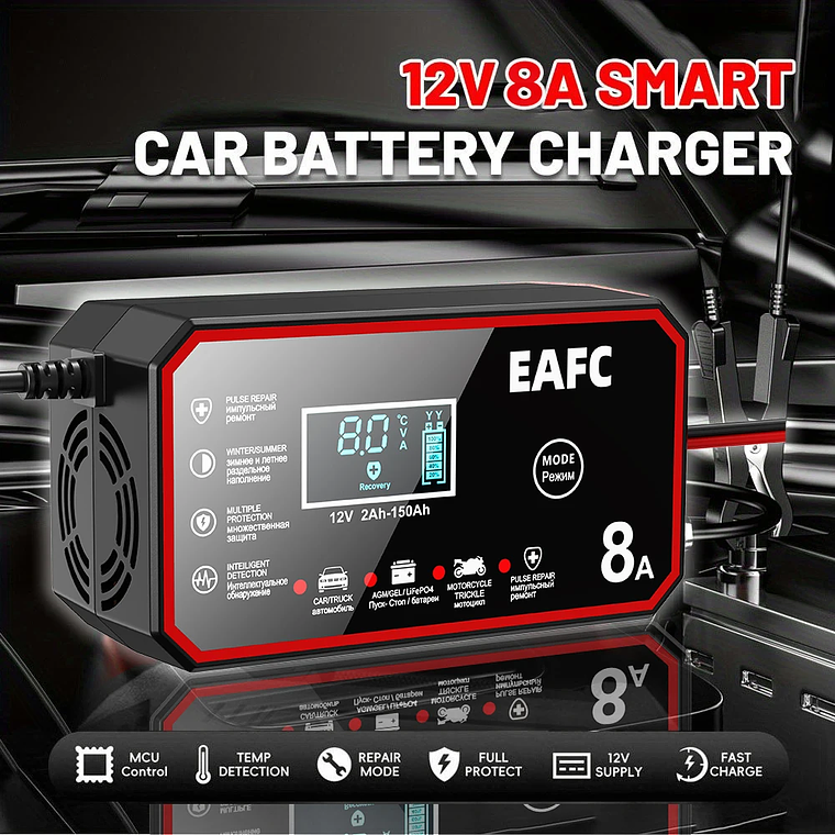 Carregador de Bateria Automático 12V 8A | Para Baterias Chumbo-Ácido, AGM, GEL e LiFePO4 | Com Reparo por Pulsos e LCD 1
