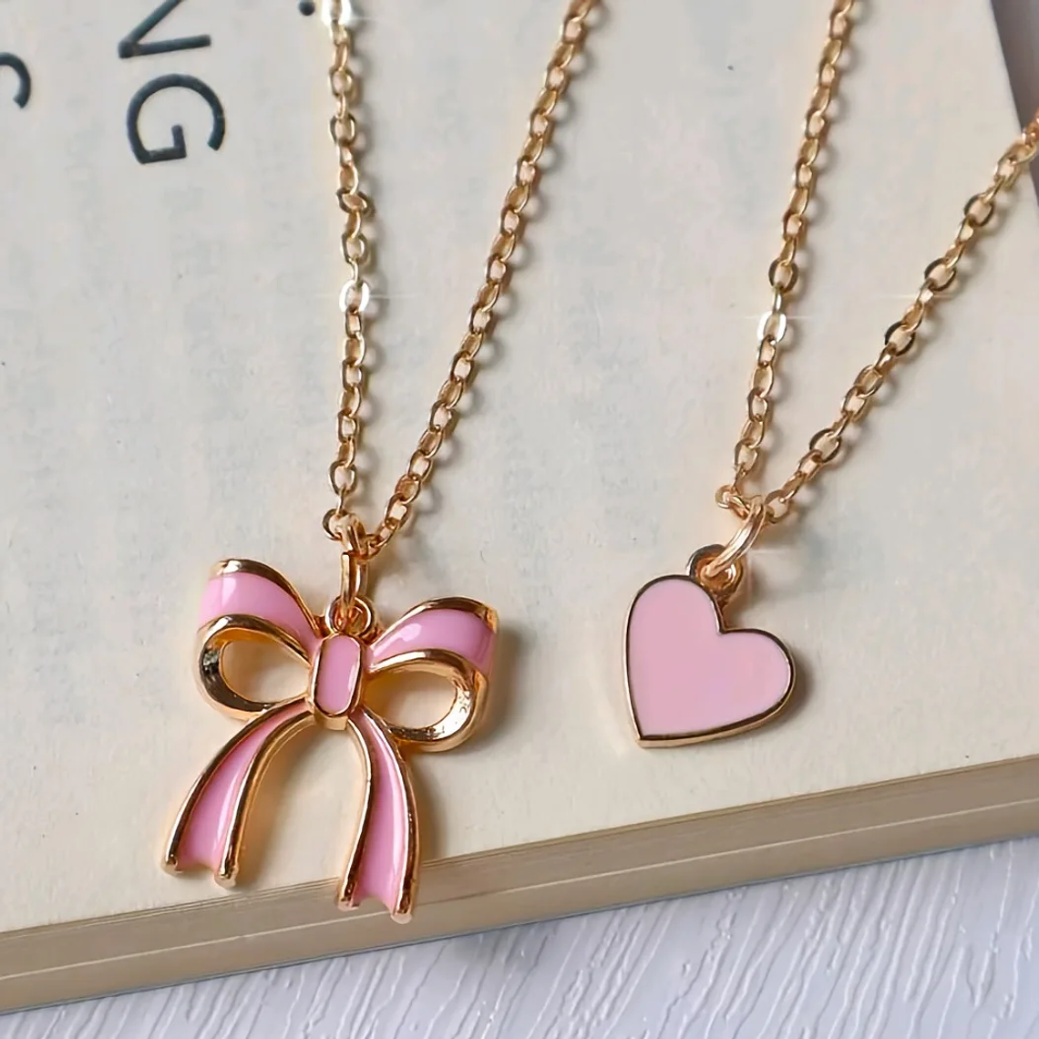 Colar Duplo Fofo de Coração Rosa com Laço | Presente para Dia dos Namorados e Uso Diário | Para Mulheres e Meninas 3