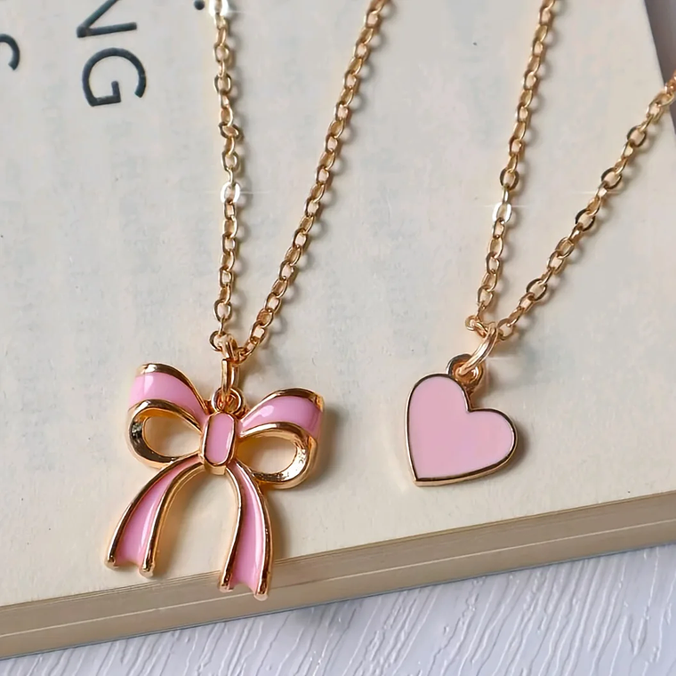 Colar Duplo Fofo de Coração Rosa com Laço | Presente para Dia dos Namorados e Uso Diário | Para Mulheres e Meninas 3