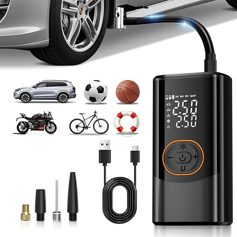 Portable Cordless Tire Pump 150PSI | Dual Voltage with Automatic Shut-Off and 2 Displays | For Car, Motorcycle, Bicycle and Balls 1
