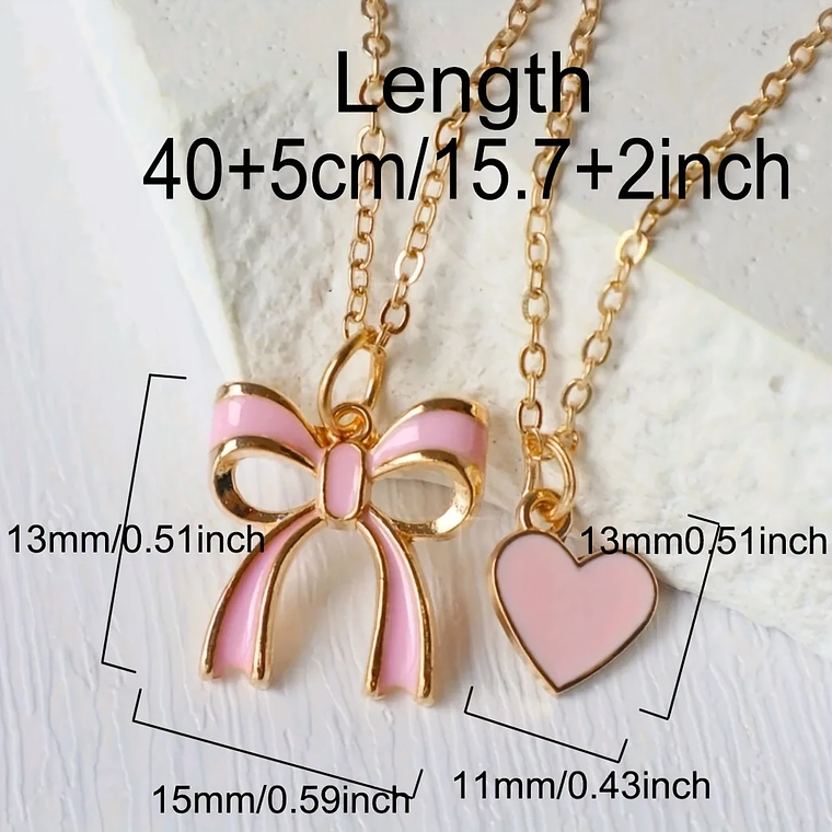 Colar Duplo Fofo de Coração Rosa com Laço | Presente para Dia dos Namorados e Uso Diário | Para Mulheres e Meninas 5