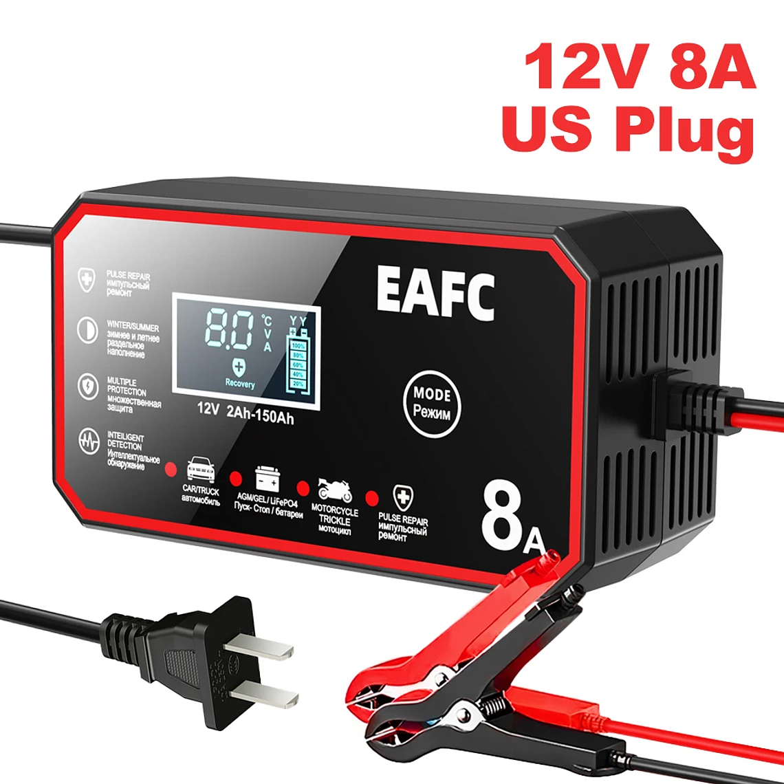 Carregador de Bateria Automático 12V 8A | Para Baterias Chumbo-Ácido, AGM, GEL e LiFePO4 | Com Reparo por Pulsos e LCD 7