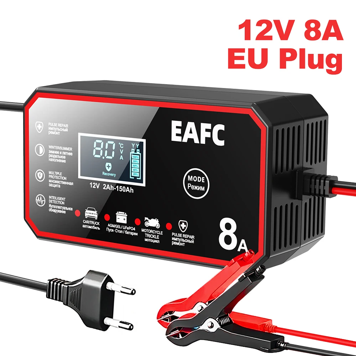 Carregador de Bateria Automático 12V 8A | Para Baterias Chumbo-Ácido, AGM, GEL e LiFePO4 | Com Reparo por Pulsos e LCD 10