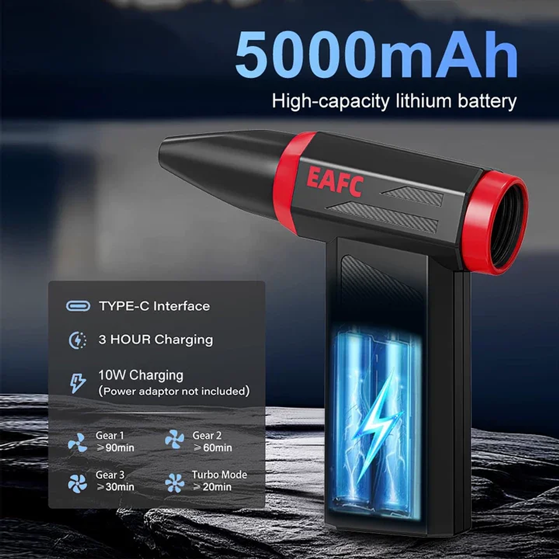 Soprador de Ar Sem Fio 110.000 RPM | 4 Velocidades, Incluindo Violento | Para Limpeza de PC, Carro e Acampamento | Recarregável 5