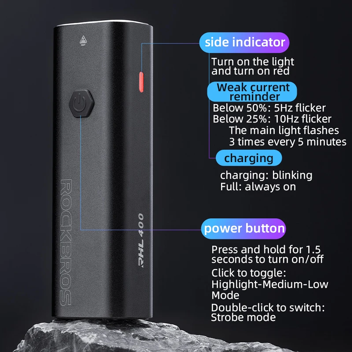 Lanterna de Bicicleta ROCKBROS 400LM | Farol LED Dianteiro, Alumínio, USB-C, 4 Modos, IPX6, para MTB e Estrada 3