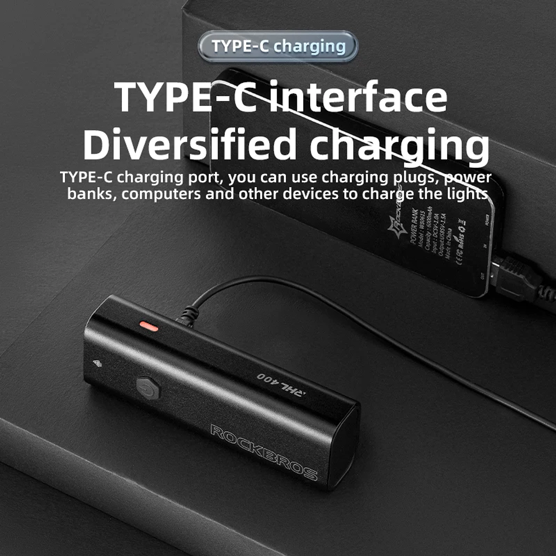 Lanterna de Bicicleta ROCKBROS 400LM | Farol LED Dianteiro, Alumínio, USB-C, 4 Modos, IPX6, para MTB e Estrada 6