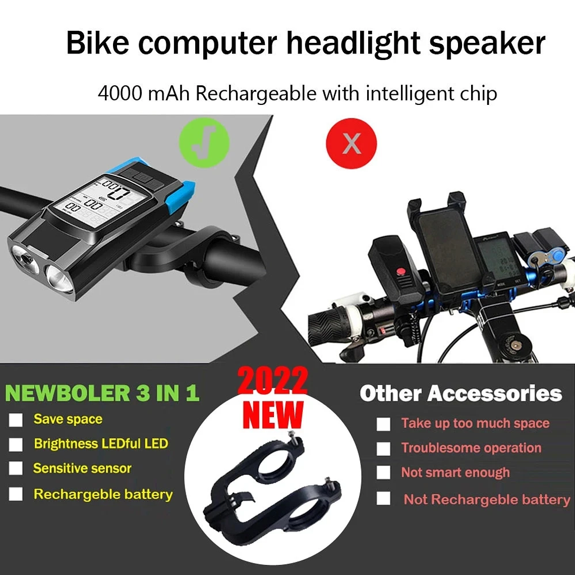 NEWBOLER 3-in-1 Bicycle Device - 800LM Headlight, Cycle Computer, 120dB Horn, 4000mAh Battery 2