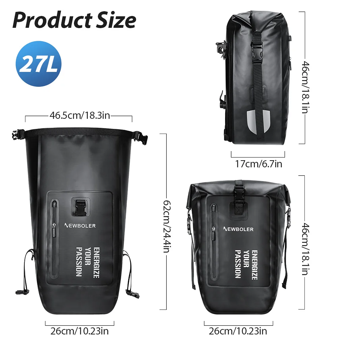 NEWBOLER 27L Waterproof Bicycle Panniers - Double Rear Bag, Large Capacity, for Travel, Cycle Touring and E-Bike 2