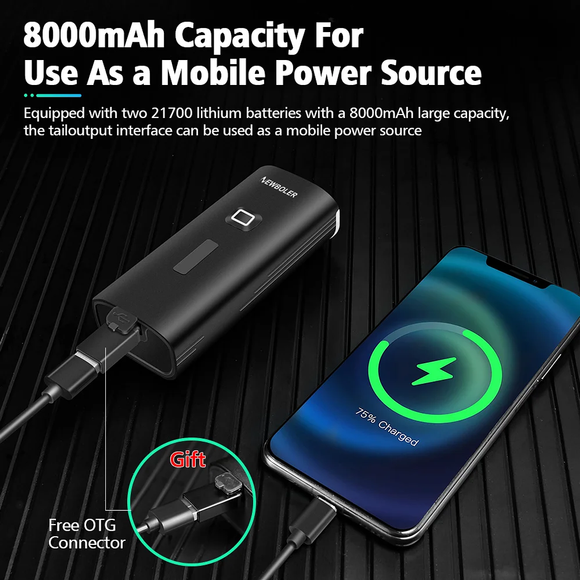 Farol para Bicicleta NEWBOLER LIG007 - 8000 Lúmens, Bateria 8000mAh, Power Bank, Alumínio, IPX5 4