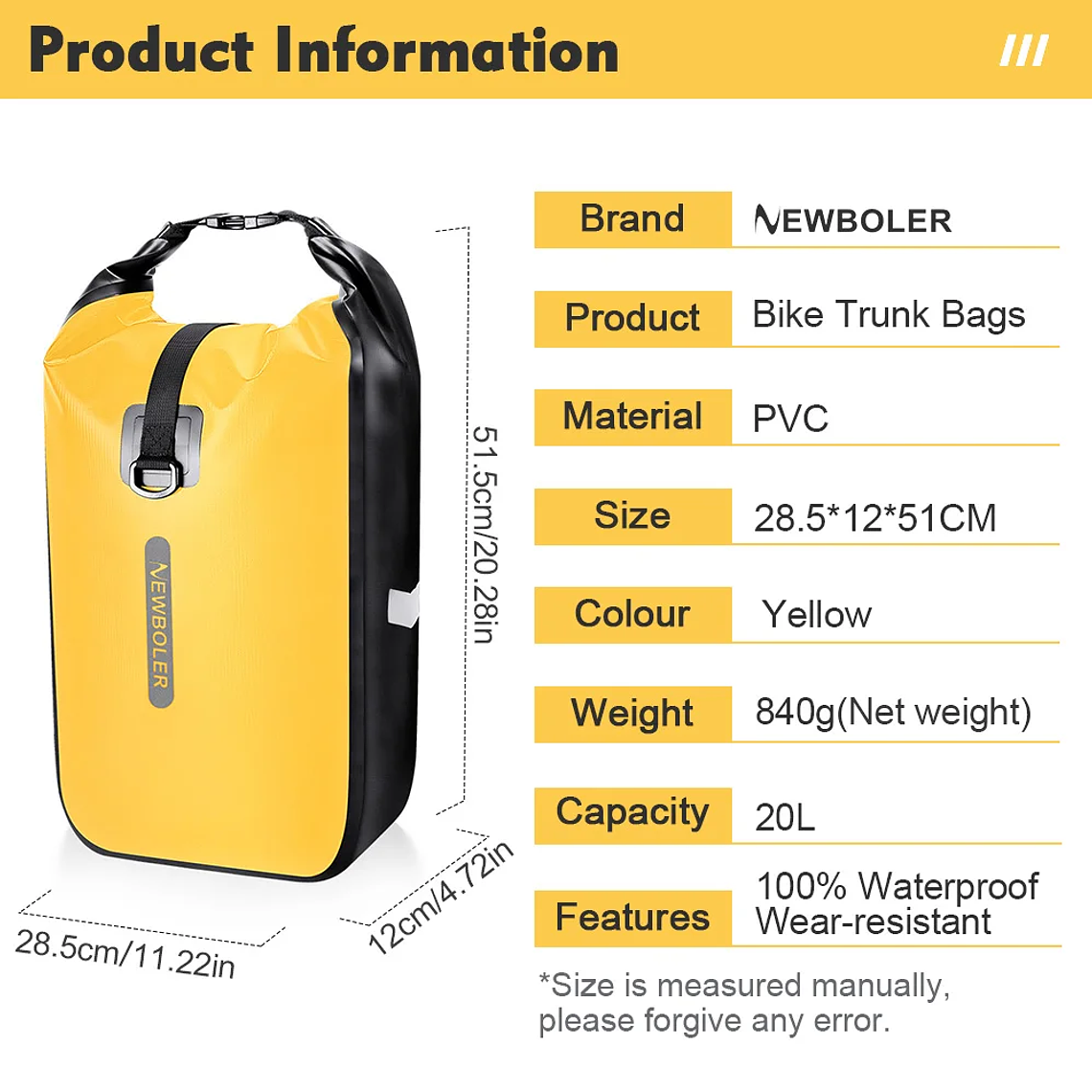 Alforge para Bicicleta NEWBOLER BAG212 - 10L/20L, Impermeável PVC, Design Rolável, Multifuncional 3