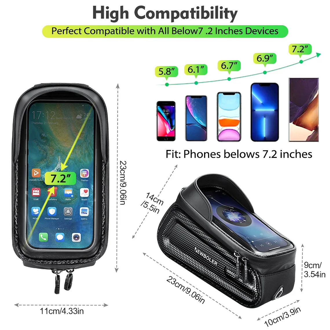 Bolsa de Guidão para Bicicleta NEWBOLER 2L - Impermeável, com Case para Telemóvel até 7.2