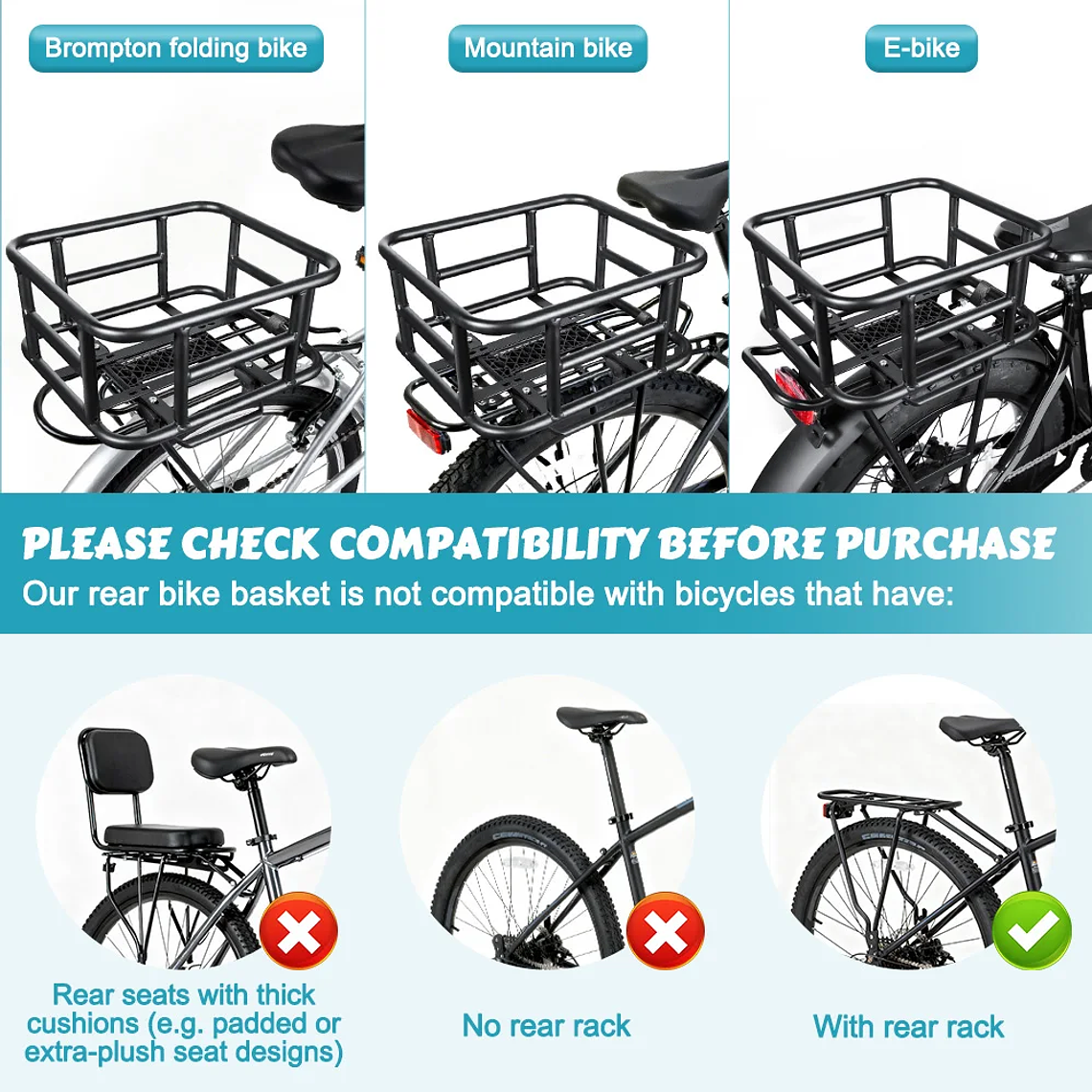 NEWBOLER Rear Bicycle Basket - Large Metal Cargo Rack, 30kg Capacity, Universal for Bicycles and E-Bike, Travel and Shopping 4