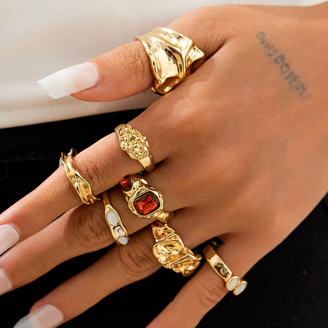 Set of 7 Vintage Ingemark Rings - Irregular Surface, Open, Red Stone, Gothic Style 1