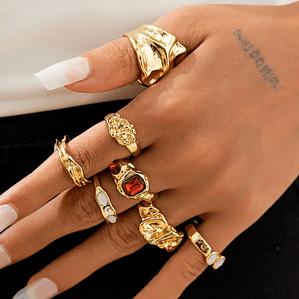 Conjunto de 7 Anéis Vintage Ingemark - Superfície Irregular, Abertos, Pedra Vermelha, Estilo Gótico