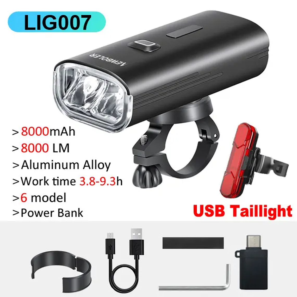 Farol para Bicicleta NEWBOLER LIG007 - 8000 Lúmens, Bateria 8000mAh, Power Bank, Alumínio, IPX5 7