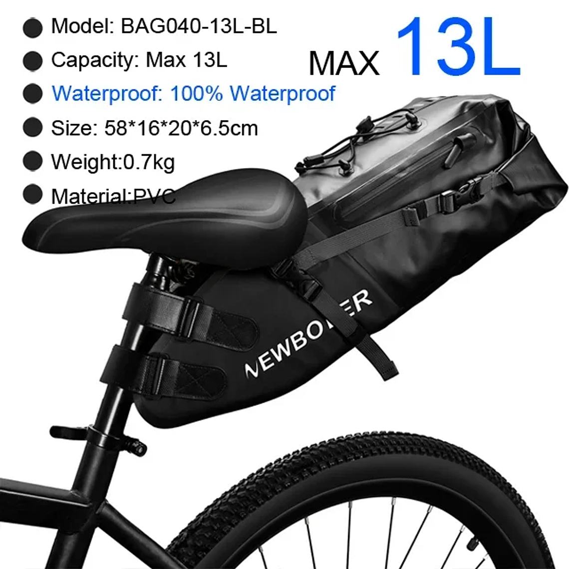 Bolsa de Selim Traseira NEWBOLER BAG026 - 10L, Impermeável, Dobrável, Para MTB e Estrada, Capacidade Grande 8