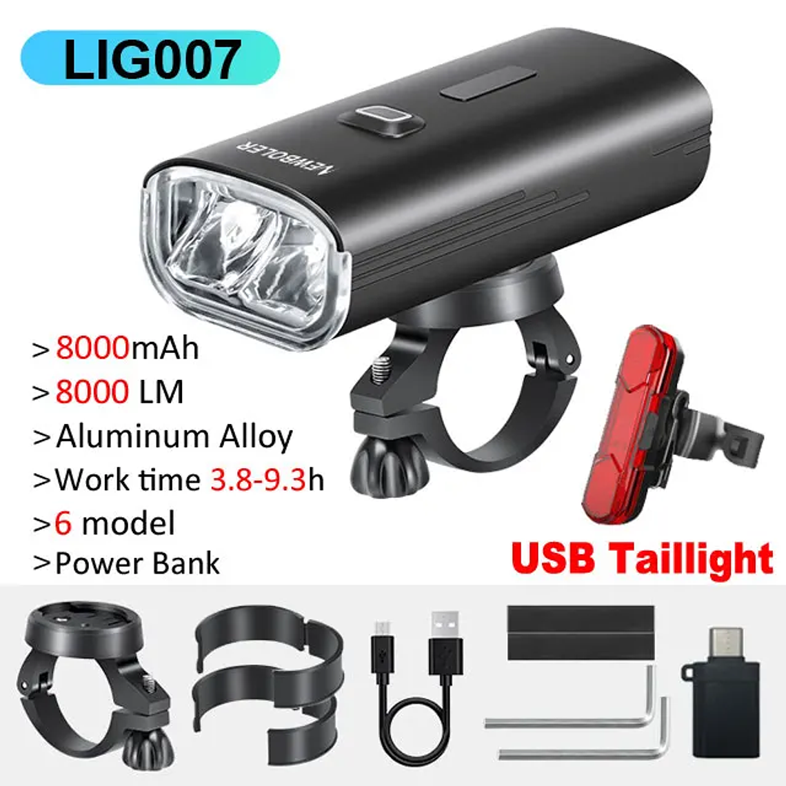 Farol para Bicicleta NEWBOLER LIG007 - 8000 Lúmens, Bateria 8000mAh, Power Bank, Alumínio, IPX5 8