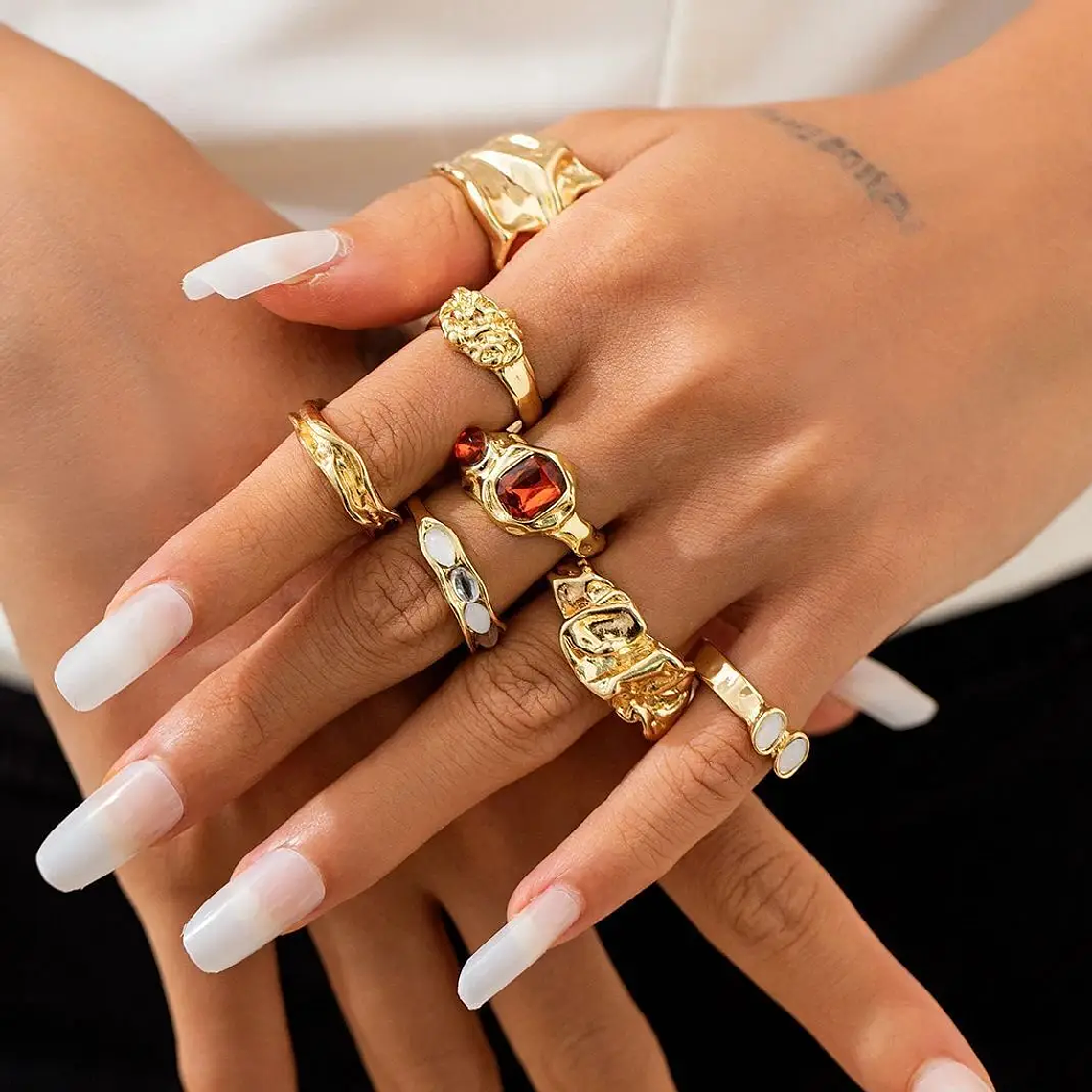 Set of 7 Vintage Ingemark Rings - Irregular Surface, Open, Red Stone, Gothic Style 2