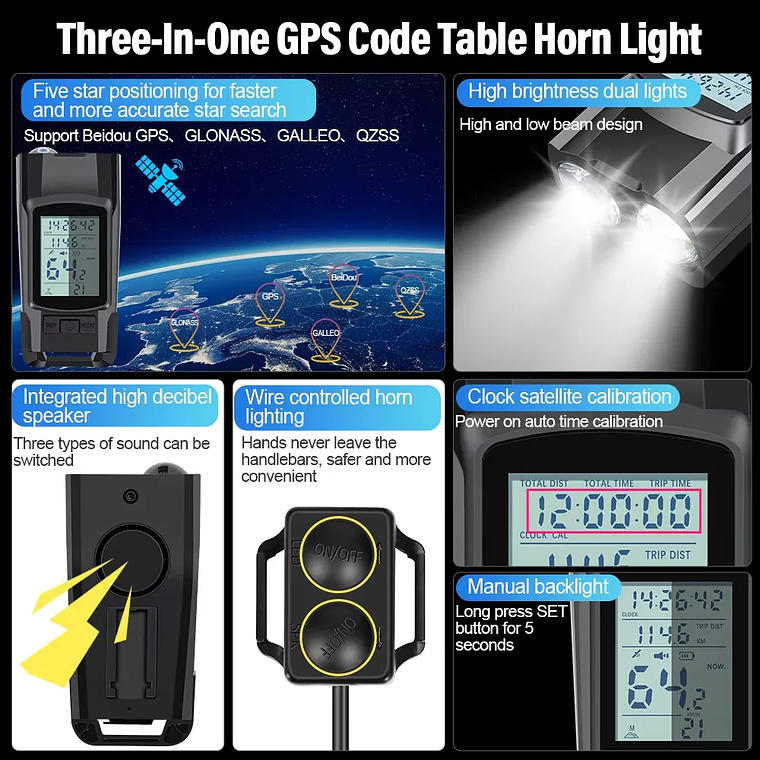 NEWBOLER 3-in-1 Bicycle GPS - GPS Computer, 800LM Headlight, 120dB Horn, 4 Light Modes, Waterproof, for Cycling 2