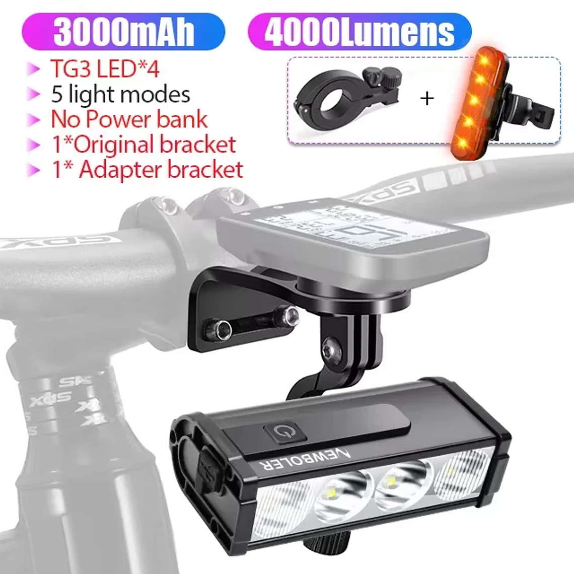 NEWBOLER 10000 Lumen Bicycle Headlight - 10000mAh Battery, USB-C, Anti-Glare, IPX5, 4 Modes, Power Bank, for MTB and Road 7