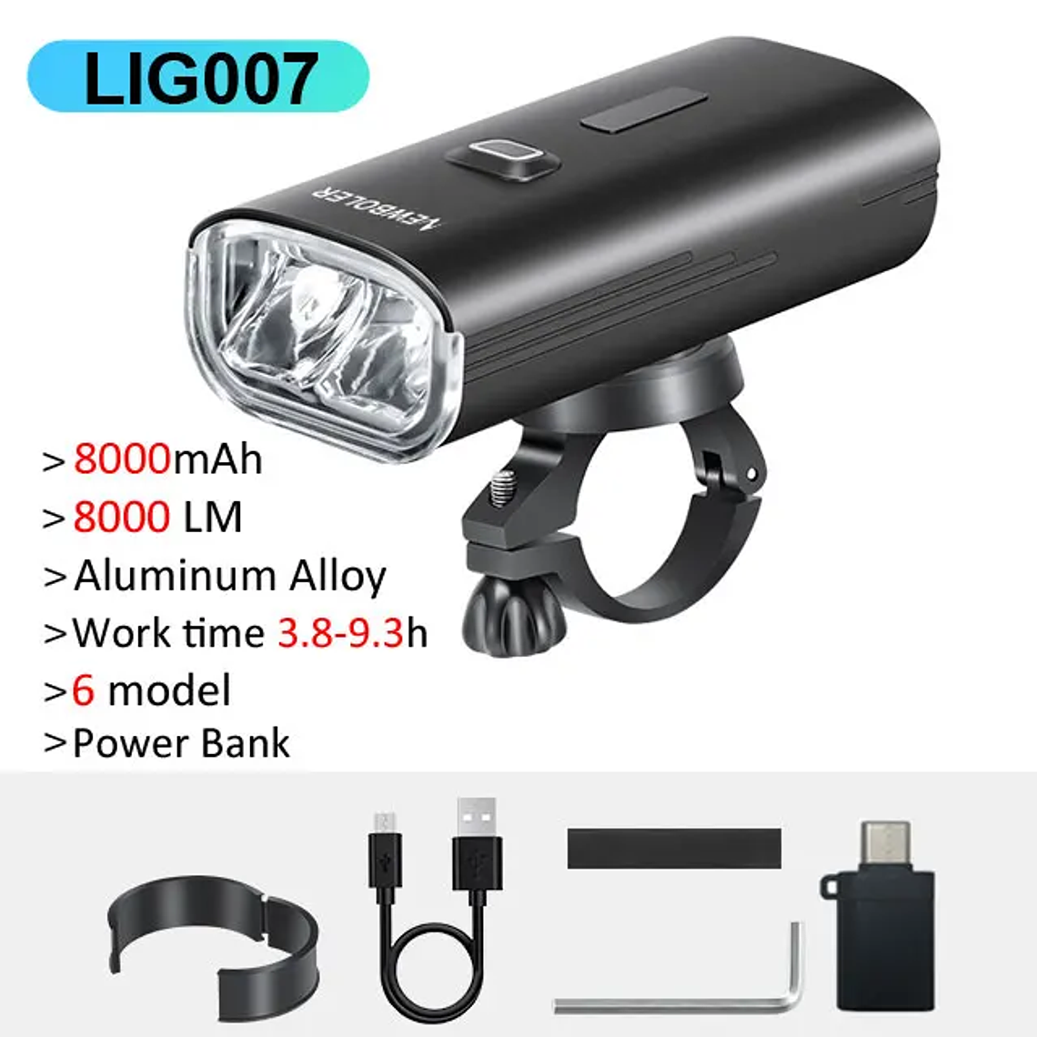 Farol para Bicicleta NEWBOLER LIG007 - 8000 Lúmens, Bateria 8000mAh, Power Bank, Alumínio, IPX5 9