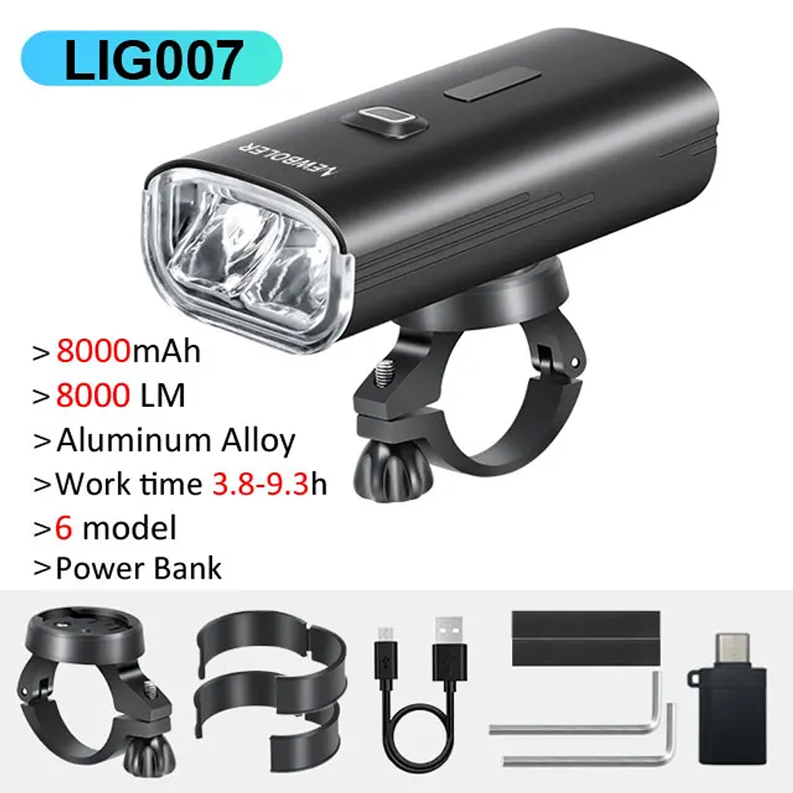 Farol para Bicicleta NEWBOLER LIG007 - 8000 Lúmens, Bateria 8000mAh, Power Bank, Alumínio, IPX5 10
