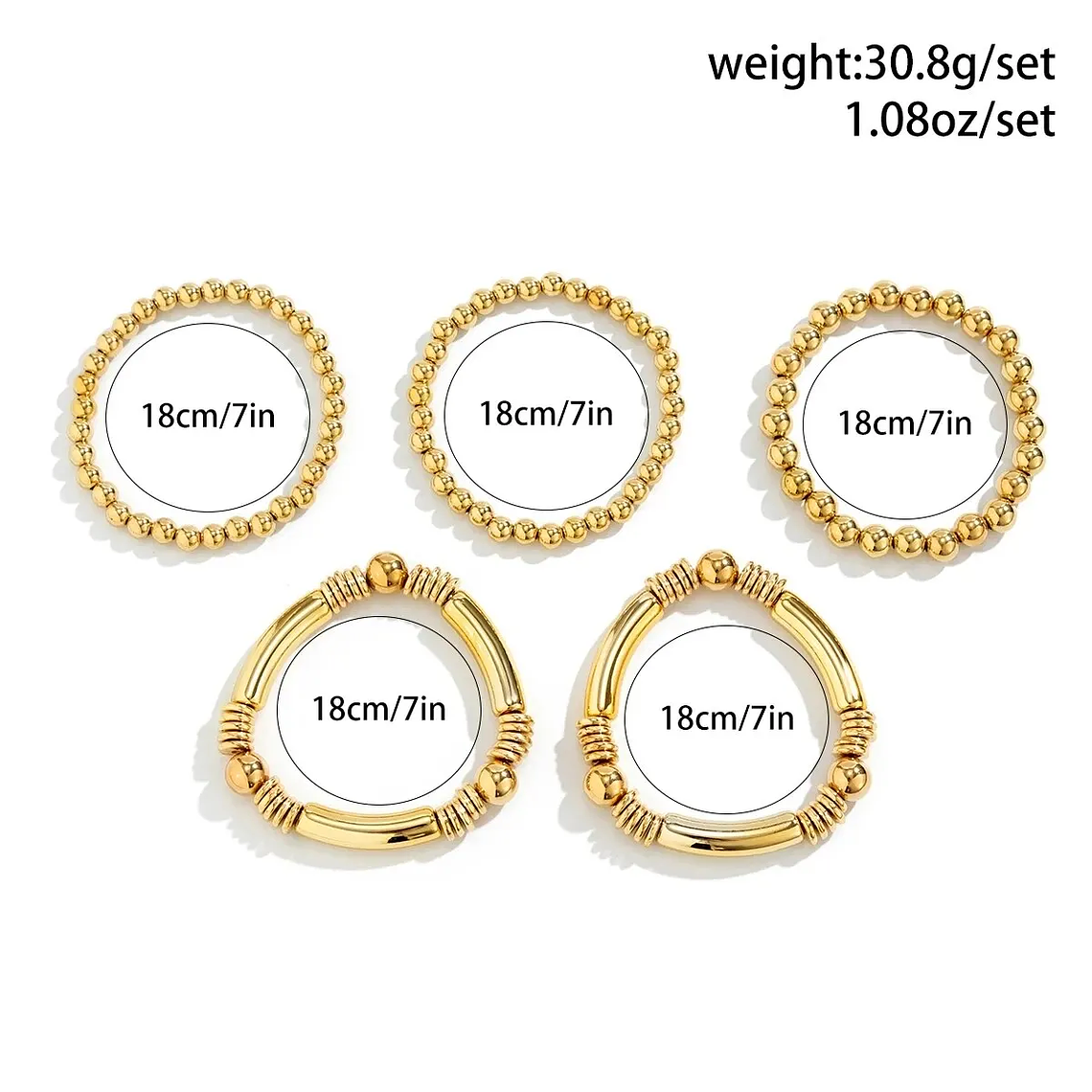 Set of 5 Punk Bracelets | Large Gold Beads, Elastic | Vintage, Hip Hop and Party Accessory 4