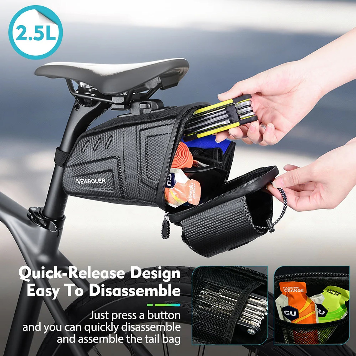 Bolsa de Selim para Bicicleta NEWBOLER 1.5L/2.5L - Impermeável, com Faixa Refletora, para MTB e Bicicleta de Estrada, Bolsa de Ferramentas 2