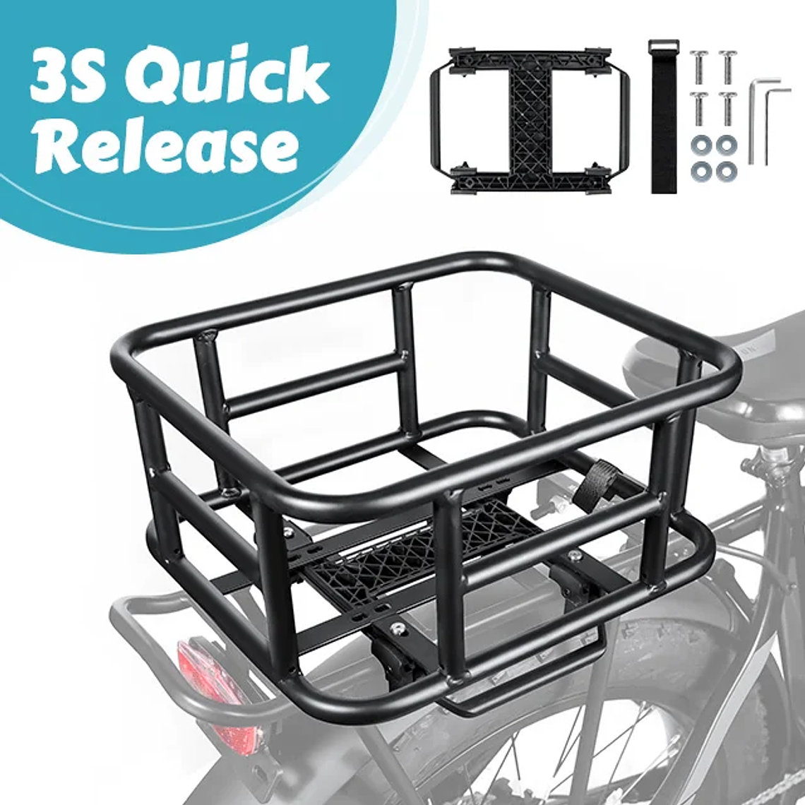 NEWBOLER Rear Bicycle Basket - Large Metal Cargo Rack, 30kg Capacity, Universal for Bicycles and E-Bike, Travel and Shopping 7