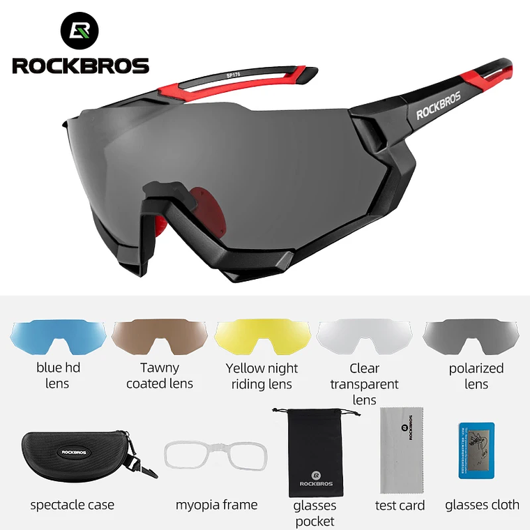 Óculos de Ciclismo ROCKBROS SP176 - 5 Lentes (1 Polarizada), Meia-Armação, TR-90, UV400, Unissexo 7