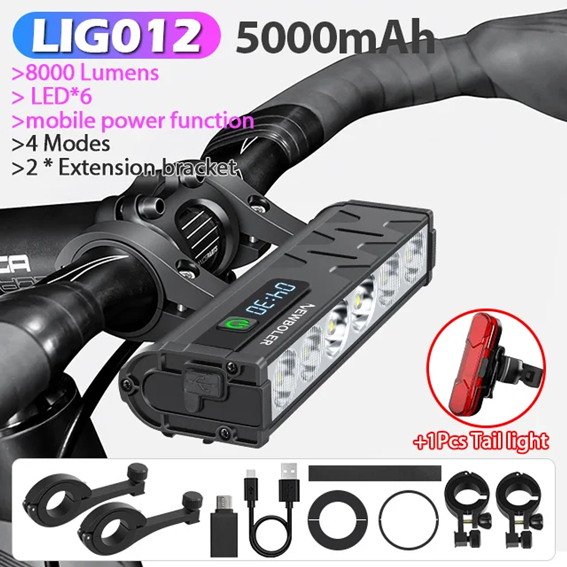 Farol de Bicicleta 10000 Lúmens NEWBOLER - 10000mAh, USB-C, à Prova de Água, 4 Modos, Linha de Corte Anti-Ofuscamento, para MTB e Estrada 7