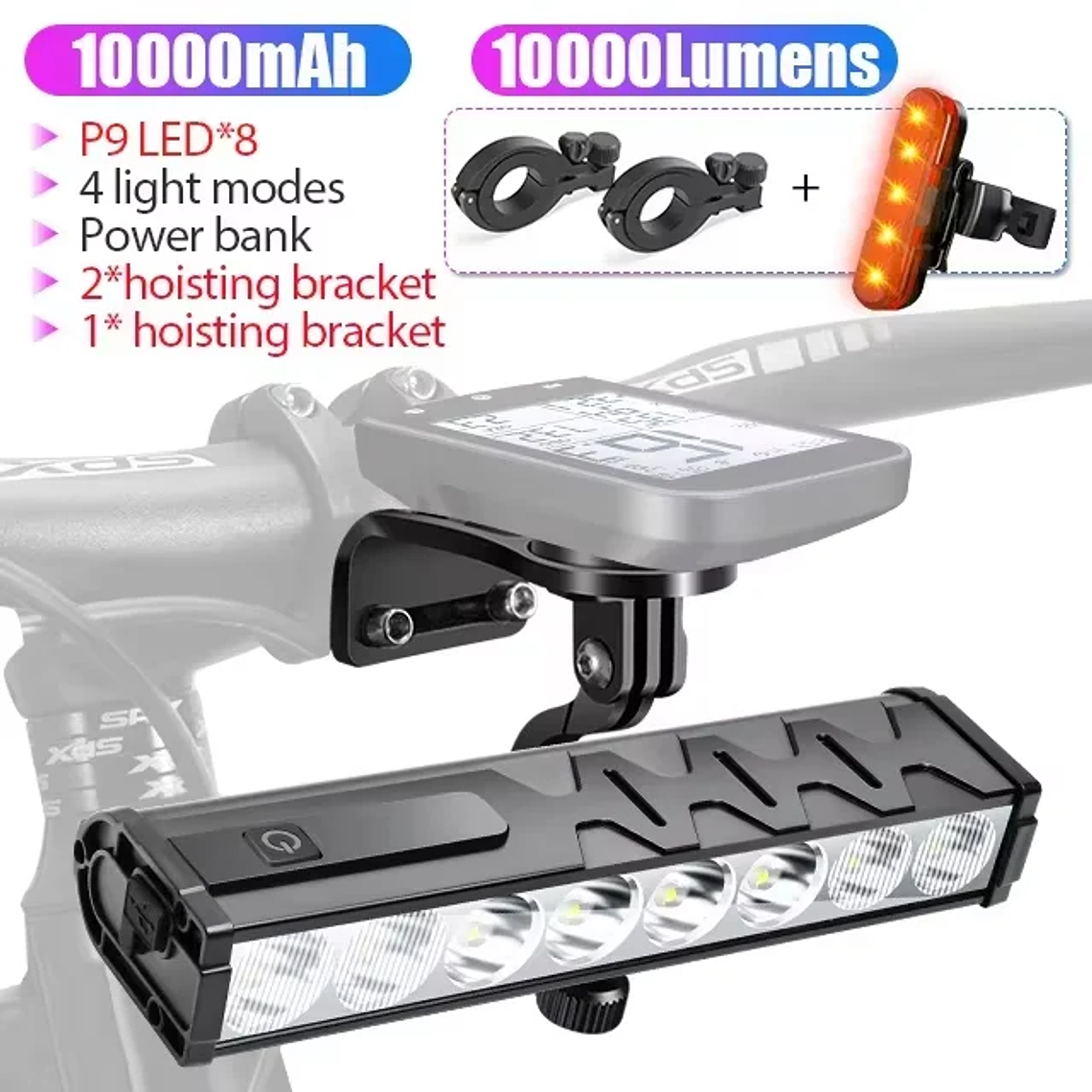 NEWBOLER 10000 Lumen Bicycle Headlight - 10000mAh Battery, USB-C, Anti-Glare, IPX5, 4 Modes, Power Bank, for MTB and Road 14