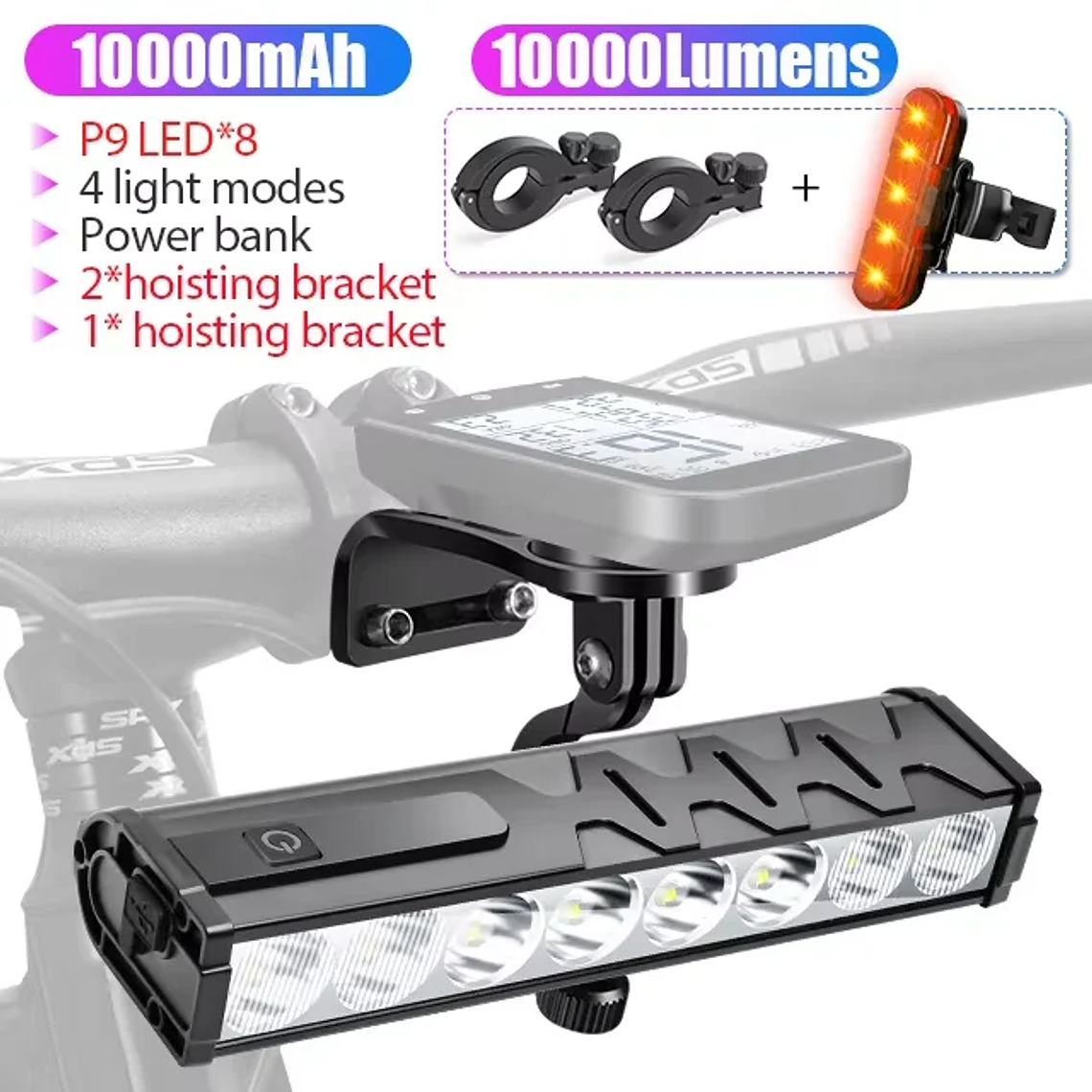 NEWBOLER 10000 Lumen Bicycle Headlight - 10000mAh Battery, USB-C, Anti-Glare, IPX5, 4 Modes, Power Bank, for MTB and Road 16