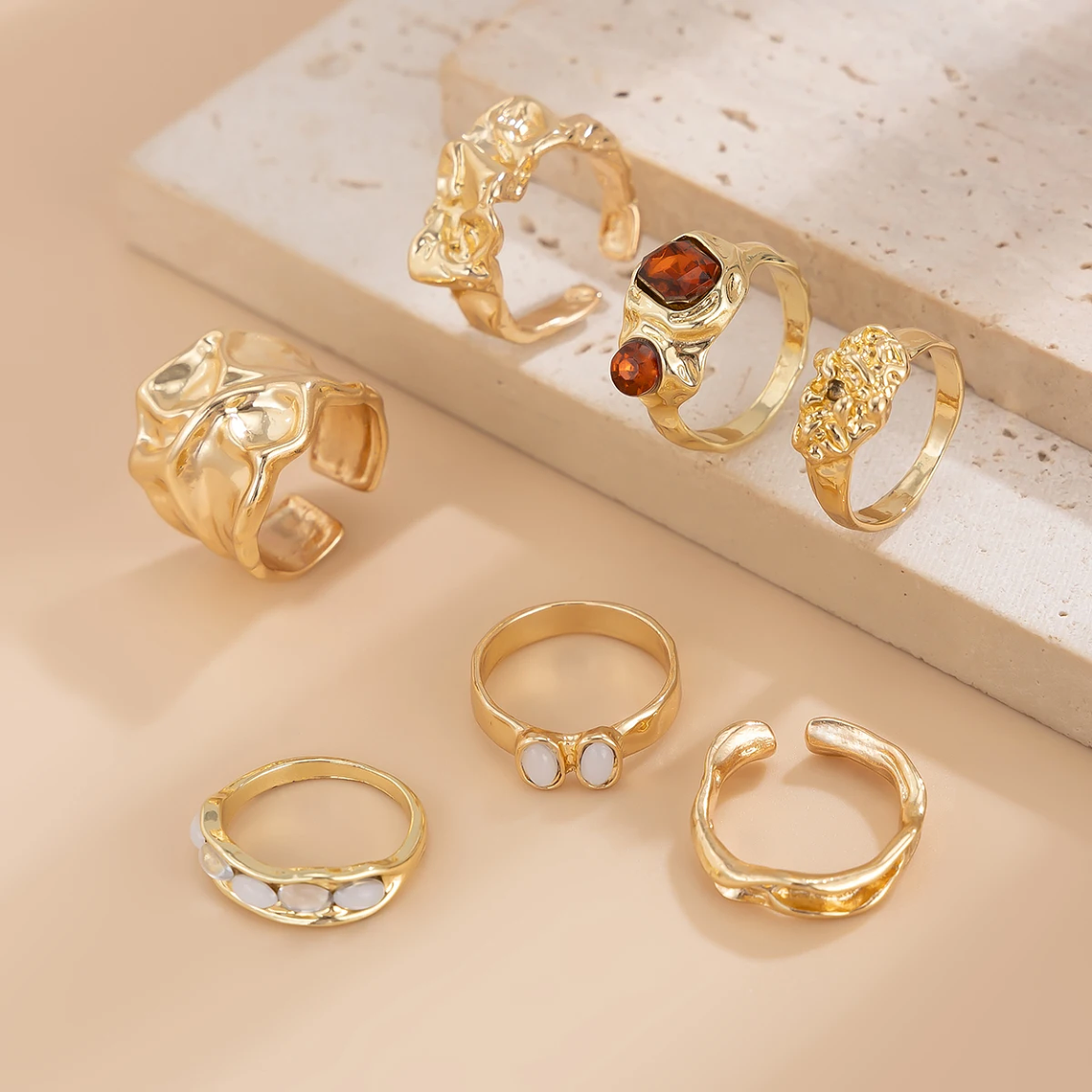 Set of 7 Vintage Ingemark Rings - Irregular Surface, Open, Red Stone, Gothic Style 6