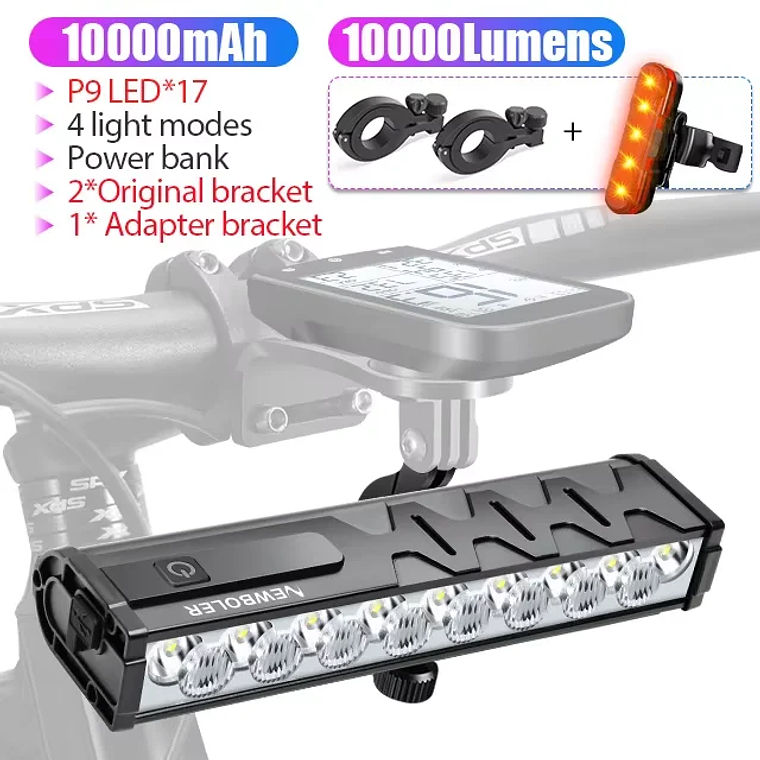 NEWBOLER 10000 Lumen Bicycle Headlight - 10000mAh Battery, USB-C, Anti-Glare, IPX5, 4 Modes, Power Bank, for MTB and Road 18