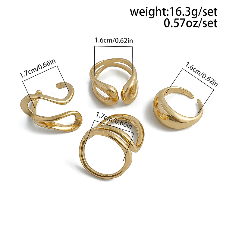 Conjunto de 4 Anéis Abertos Ingemark - Forma C Irregular, Geométricos, Vintage, Para Knuckle Rings 4