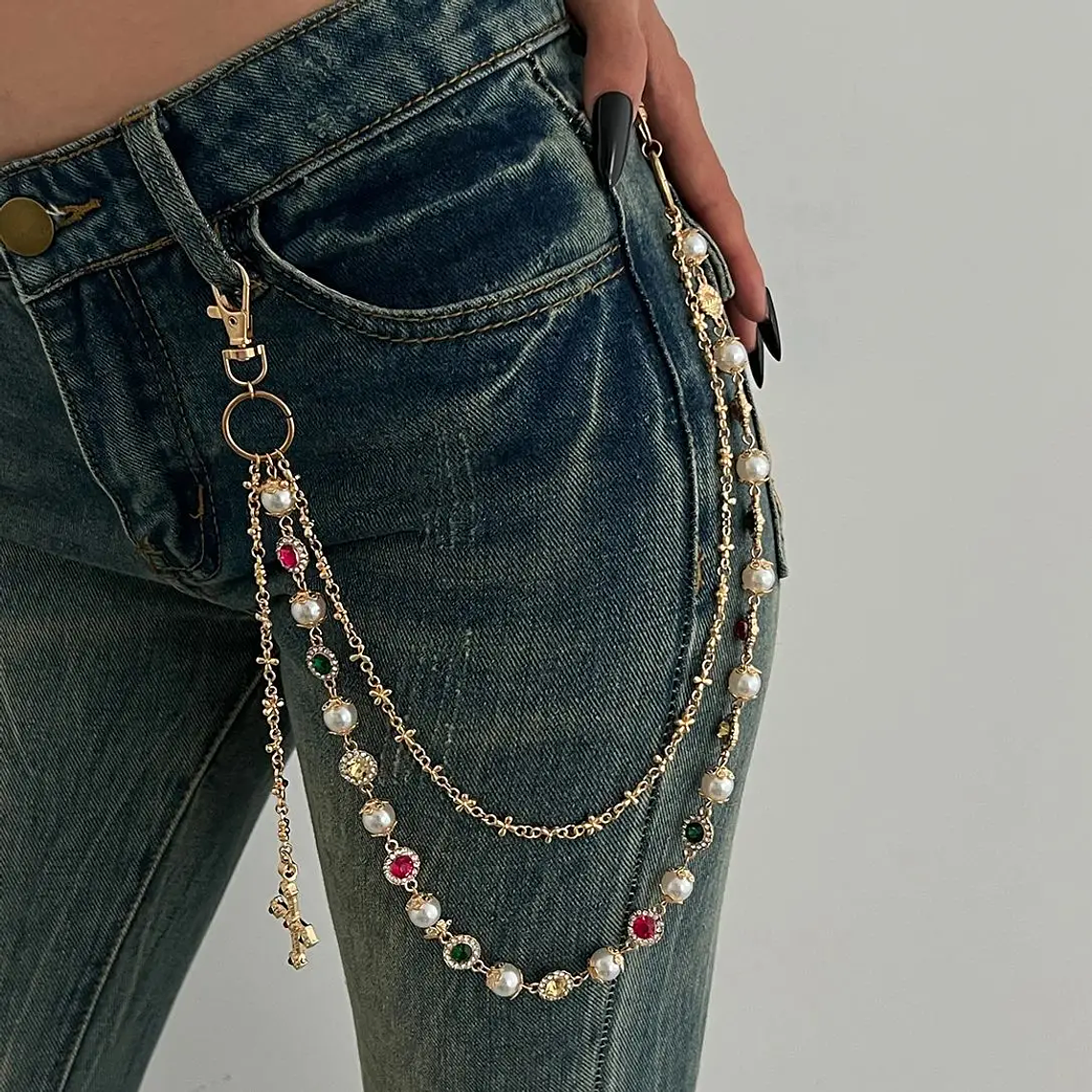 Corrente para Calças Jeans Unissex - Pérola e Strass, Estilo Punk e Hip Hop 2