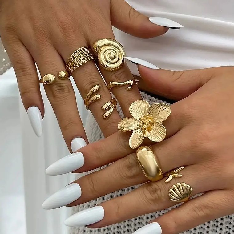 Conjunto de 8 Anéis Vintage Abertos | Floral, Gota e Geométrico, Dourado | Presente e Joia Diária Goth 2025 1