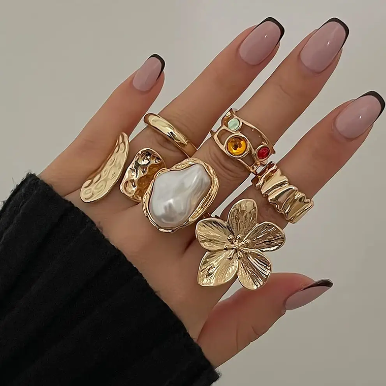Set of 6 Baroque Floral Rings Ingemark 2025 | Oversized Rings with Faux Pearl for Women - Elegant and Punk Style 1