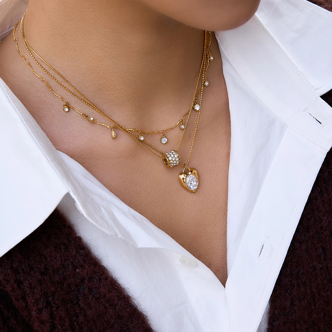 Colar Camadas Corrente Martelada com Zircônia Branca | Colar Feminino em Aço Inoxidável Banhado a Ouro 18K PVD - Presente Elegante 2