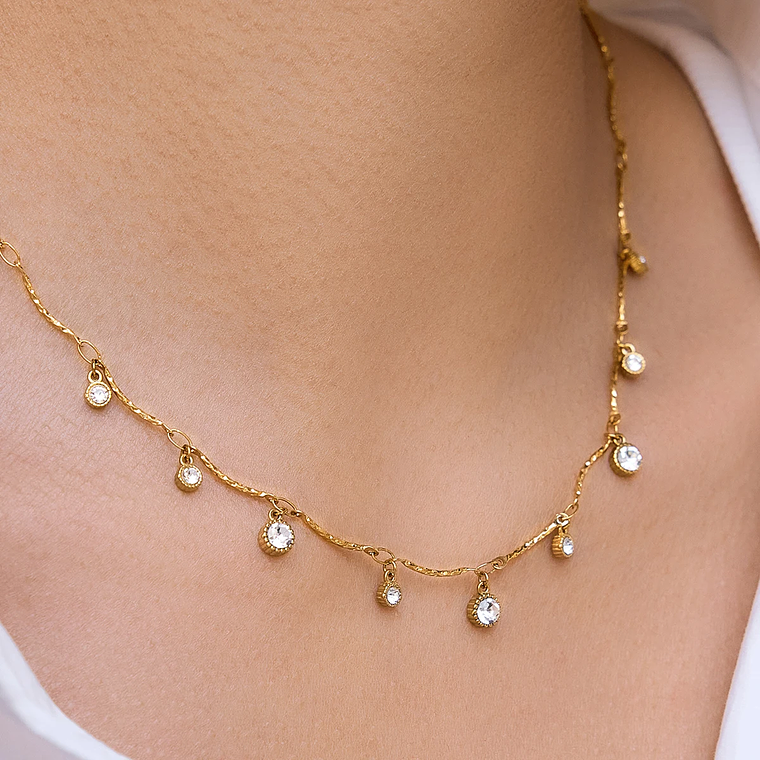 Colar Camadas Corrente Martelada com Zircônia Branca | Colar Feminino em Aço Inoxidável Banhado a Ouro 18K PVD - Presente Elegante 3