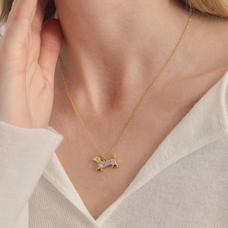 Cute Dachshund Dog Pendant Necklace | O-Chain with White Rhinestones, 18K Gold Plated | Gift for Dog Lovers 1