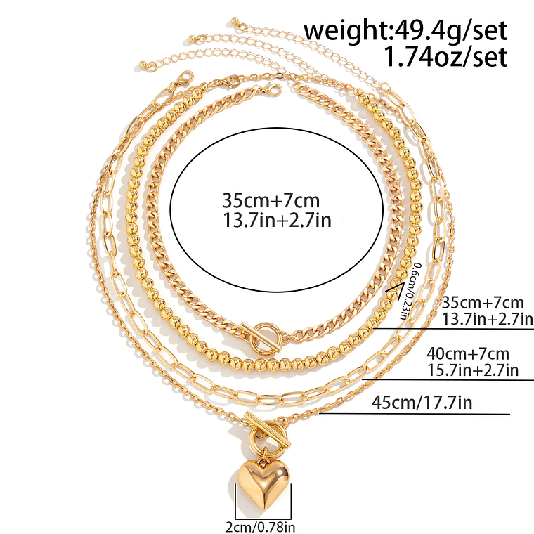 Conjunto de 4 Colares Punk com Coração | Pingente Dourado, Corrente de Contas e OT Buckle | Acessório Y2K Tendência 2024 4