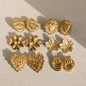 Brincos de Pressão Flor e Coração Banhado a Ouro 18K PVD | Brincos Femininos em Aço Inoxidável à Prova d'Água - Presente Delicado