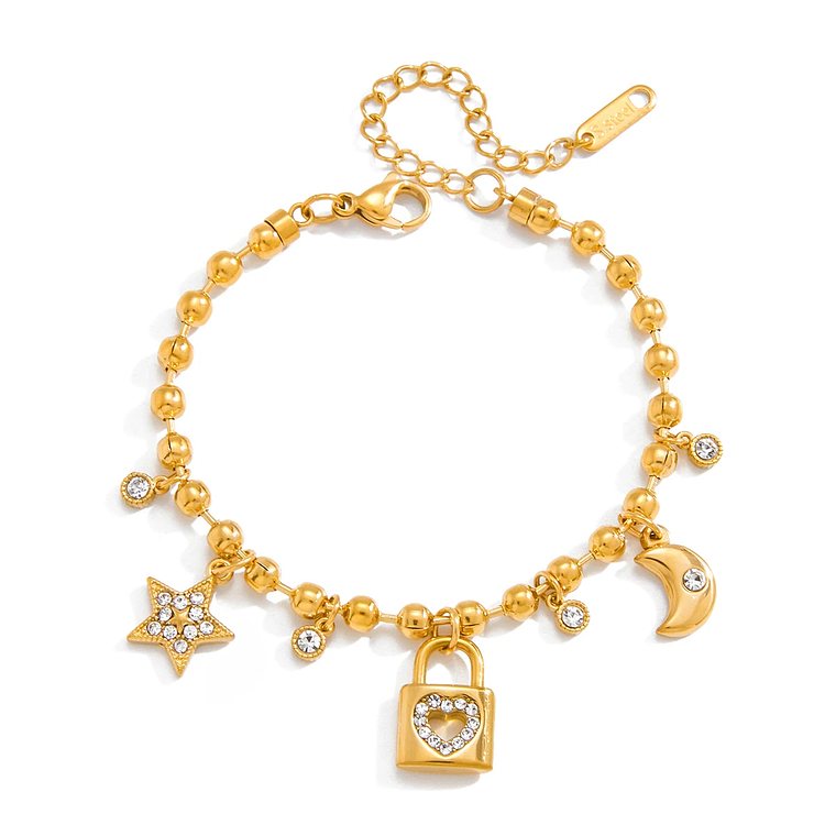 Pulseira Pingente Coração, Lua e Cadeado com Strass | Pulseira Feminina em Aço Inoxidável Banhado a Ouro - Presente Romântico e Elegante 8