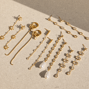 Brincos Longos Minimalistas com Franjas de Zircônia e Pérolas Falsas | Brincos Femininos em Aço Inoxidável Banhado a Ouro