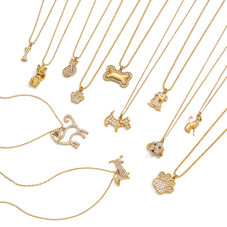 Colar Pingente Gato com Strass Branco e Corrente de Contas | Colar Feminino Banhado a Ouro 18K PVD - Presente Fofo e Romântico 6