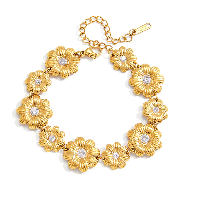 Conjunto de Pulseiras Margarida com Zircônia Branca | Pulseiras Femininas em Camadas Banhadas a Ouro - Presente Elegante e Fresco 3