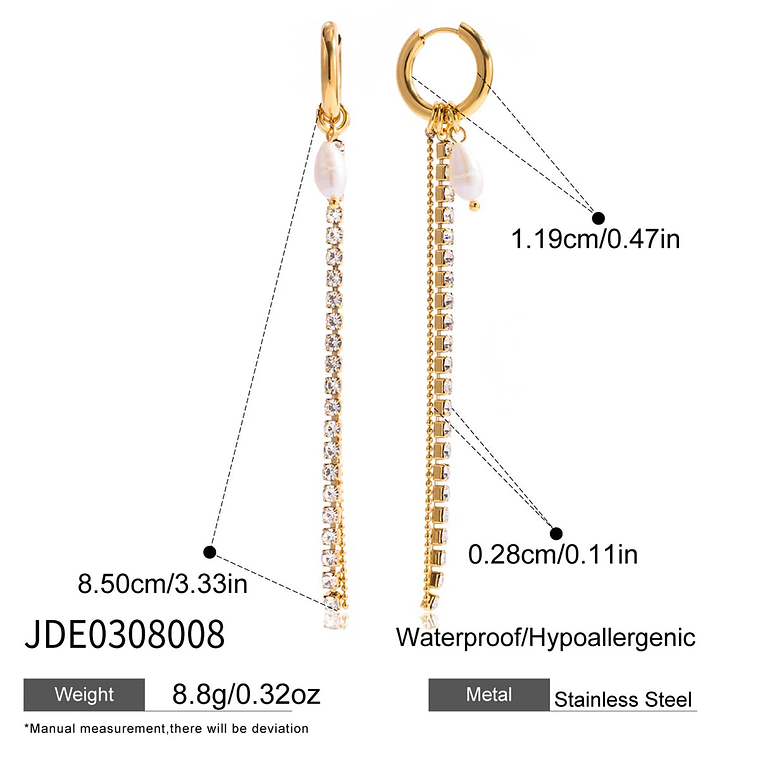 Brincos Longos Minimalistas com Franjas de Zircônia e Pérolas Falsas | Brincos Femininos em Aço Inoxidável Banhado a Ouro 15