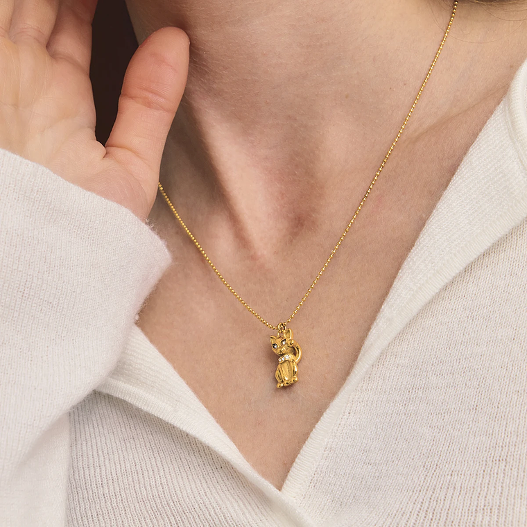 Colar Pingente Gato da Sorte com Strass Branco | Colar Feminino Banhado a Ouro 18K com Corrente de Contas 2